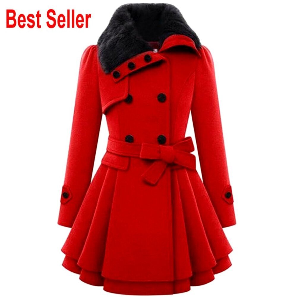 Faux Fur Lapel Wool Trench Coat Double-Breasted Winter Warm Jacket Chic